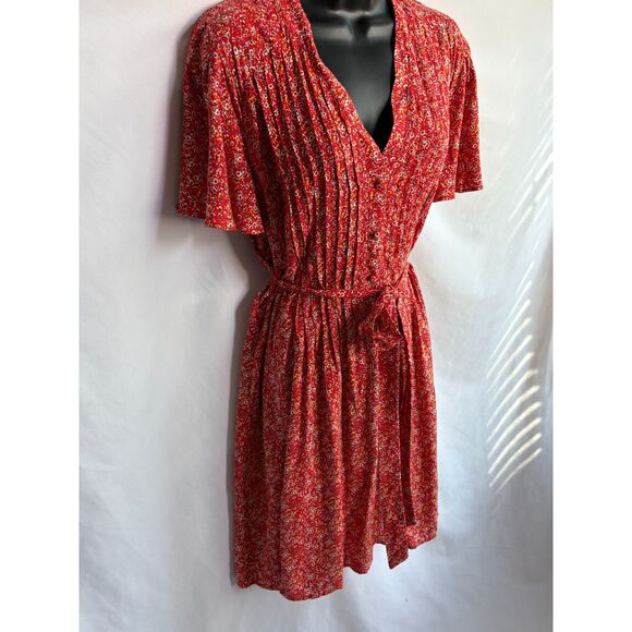 Ivy Street Red Floral Pleated Fit n Flare Dress Size 10 Belted Romantic Date - Picture 3 of 9